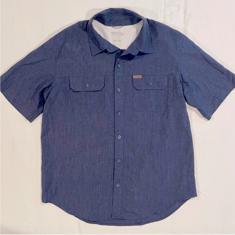 Orvis Tech Shirt Mens Large Quick Dry Blue Short Sleeves Pockets Summer UPF 30+